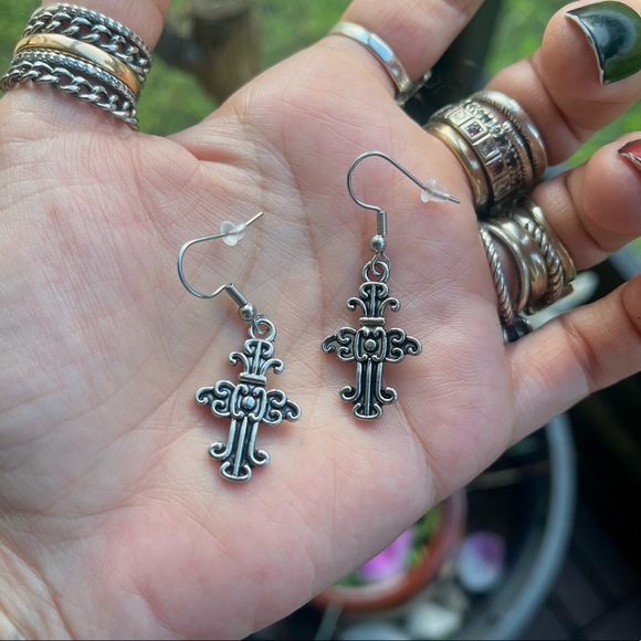 Cuban chain stainless steel with dangly cross gothic charm choker necklace set - Picture 2 of 12